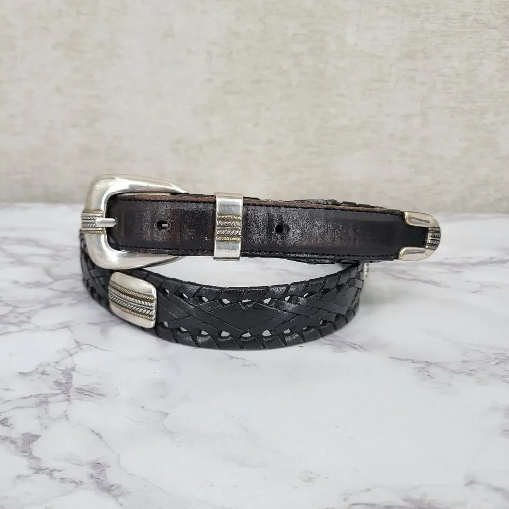 Roundtree & Yorke Black Woven Leather Belt with Silver & Gold Toned Conchos